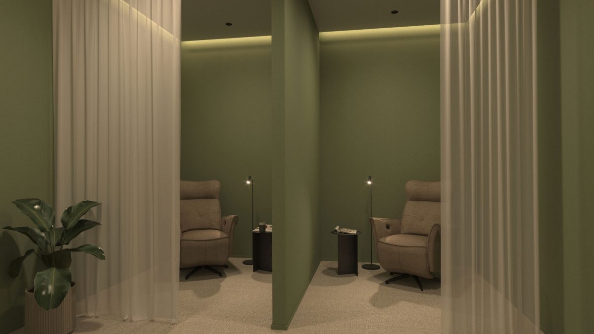 Quiet room with private seating alcoves, comfortable lounge chairs, soft lighting, and calming green interiors designed for relaxation and focused breaks.
