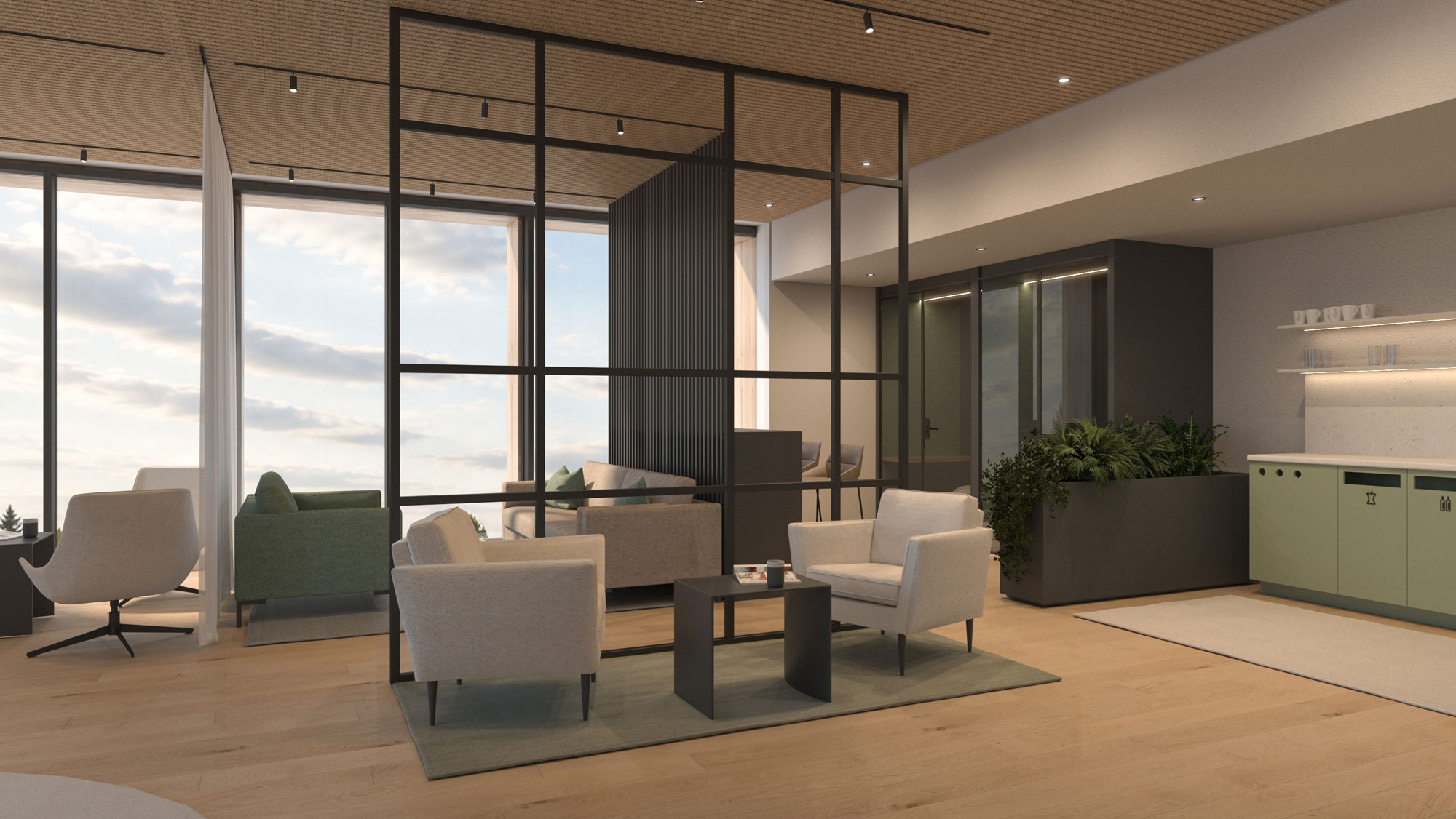 Modern breakout area with a glass-enclosed work room, bar-height seating, integrated greenery, and a kitchenette, featuring warm wood finishes and contemporary lighting.