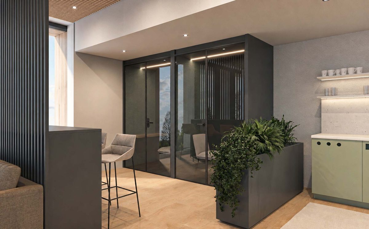 Modern breakout area with a glass-enclosed work room, bar-height seating, integrated greenery, and a kitchenette, featuring warm wood finishes and contemporary lighting.