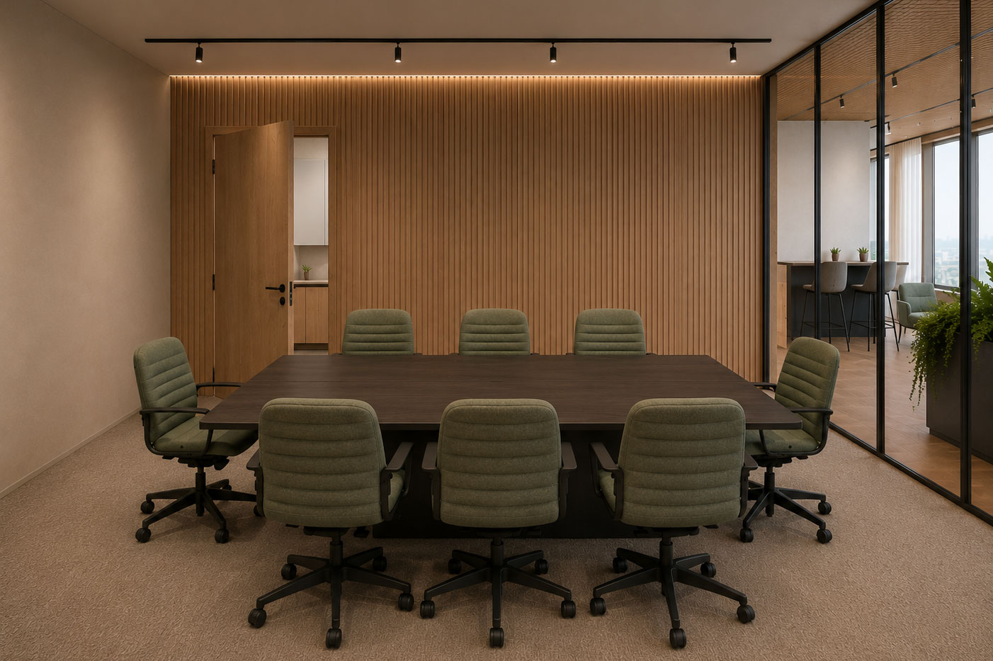 Modern aviation briefing room with a large rectangular meeting table, eight green ergonomic chairs, warm wood paneling, floor-to-ceiling glass wall overlooking the adjacent waiting area, and contemporary architectural lighting.