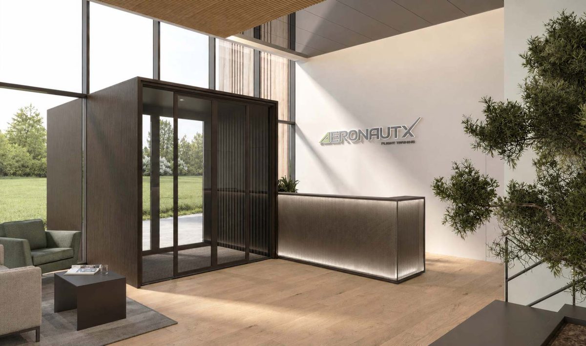 Modern reception area with a sleek illuminated desk, floor-to-ceiling windows, natural wood finishes, indoor greenery, and the AeronautX Flight Training logo displayed on the wall.