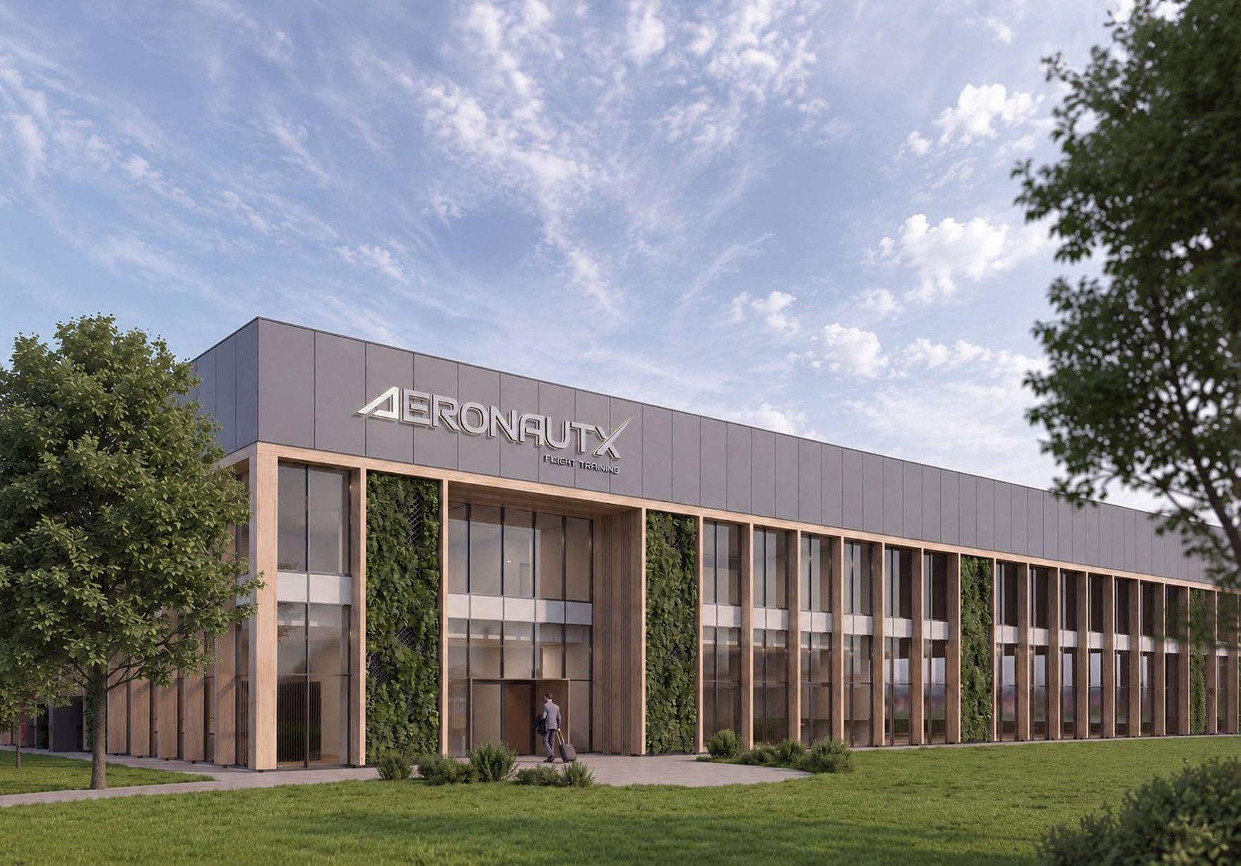 Front view of the AeronautX Flight Training Center with contemporary design and floor-to-ceiling windows.
