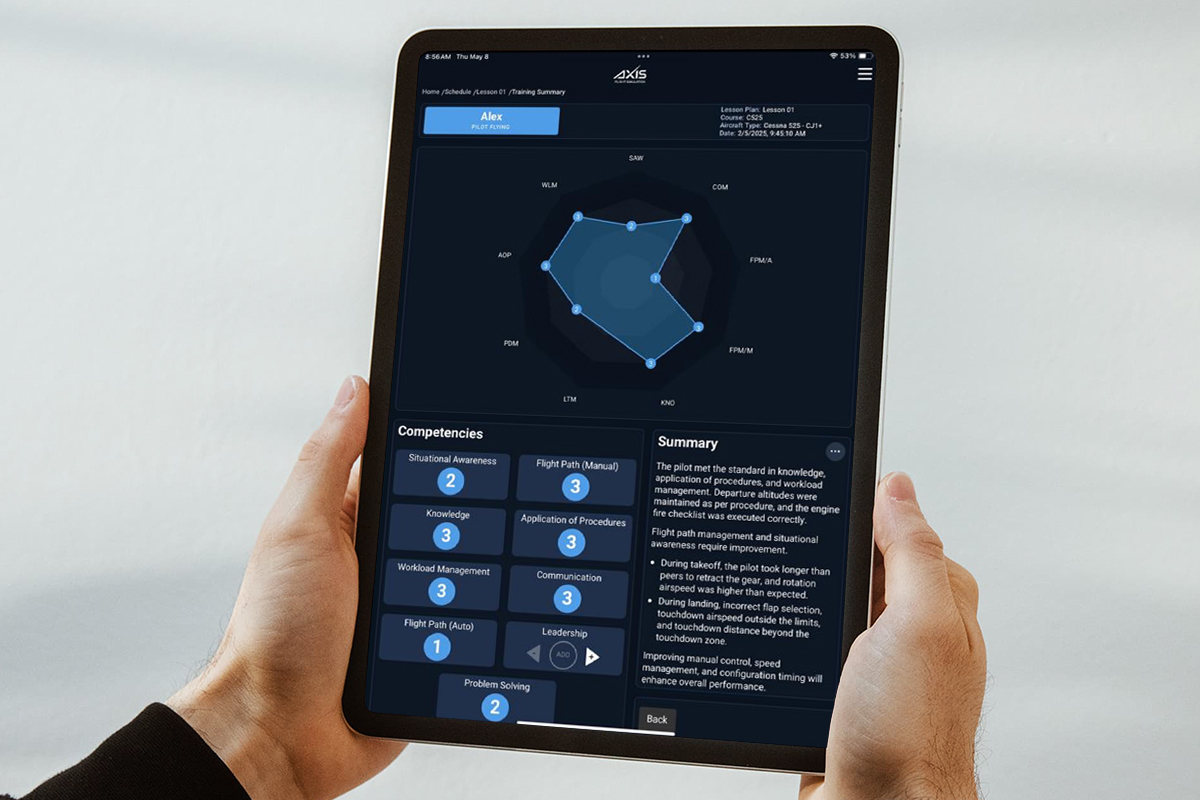 Person holding a tablet displaying a digital pilot debriefing dashboard with competency scores, performance analytics, and training feedback following a flight session.
