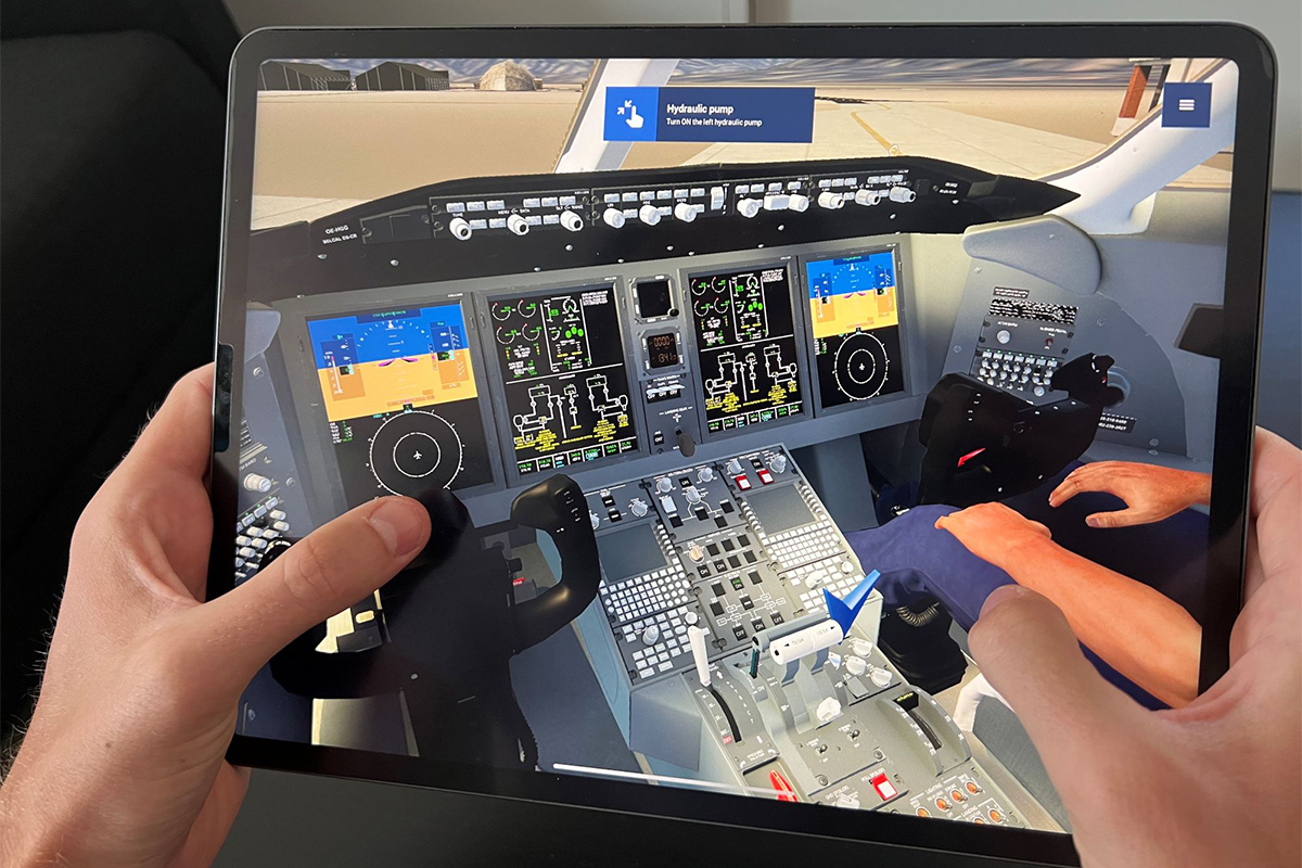Tablet showing a cockpit simulator interface used for pilot training, highlighting digital tools for learning aircraft procedures