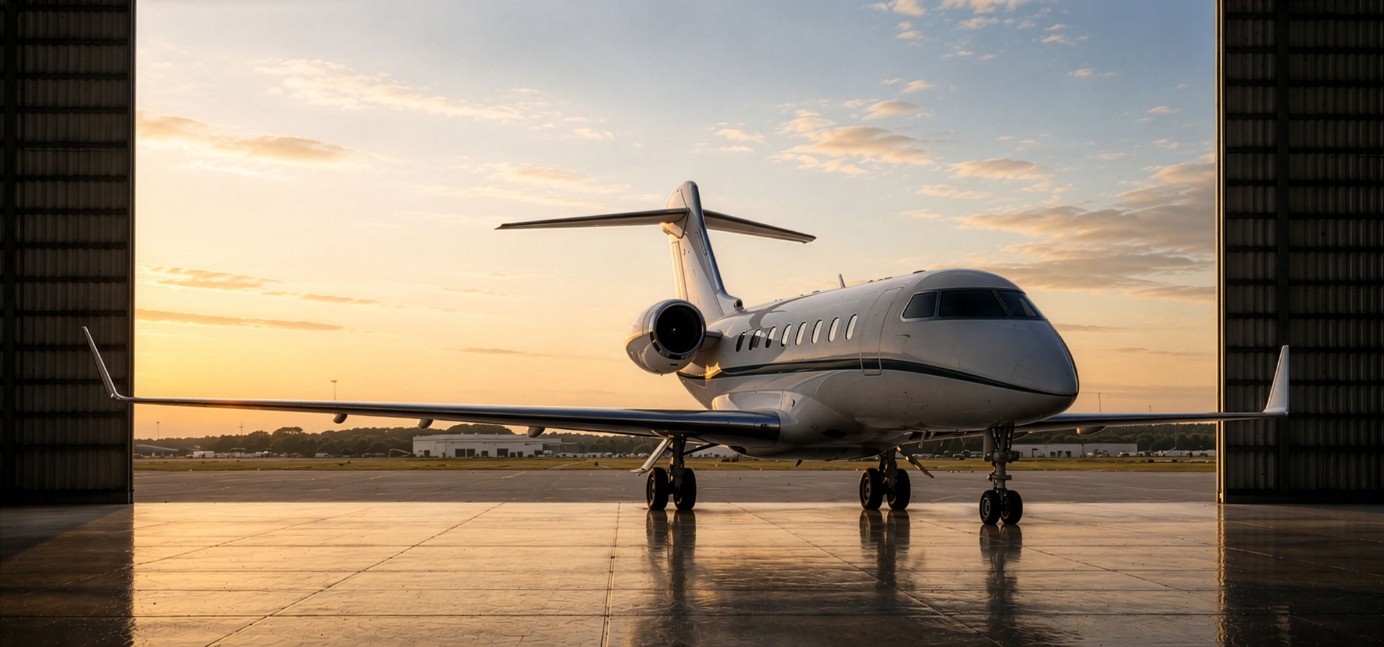 White aircraft with dark green accents parked inside an aircraft hangar at sunrise, framed by the open hangar doors overlooking the airport apron.