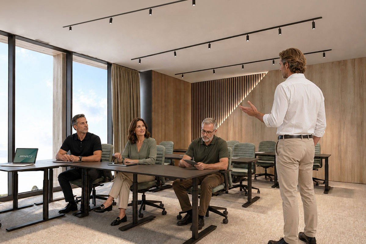 Four people attend a meeting in a bright, modern conference room with floor-to-ceiling windows, wood-paneled walls, track lighting, dark tables, and upholstered office chairs. Three participants sit at the table with notebooks and a phone while a man in a white shirt stands on the right, gesturing as he presents to the group.