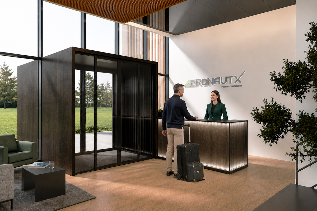 A visitor with a cabin suitcase checks in at a modern aviation training centre reception, where a receptionist in a dark green blazer welcomes him in a bright, contemporary lobby.