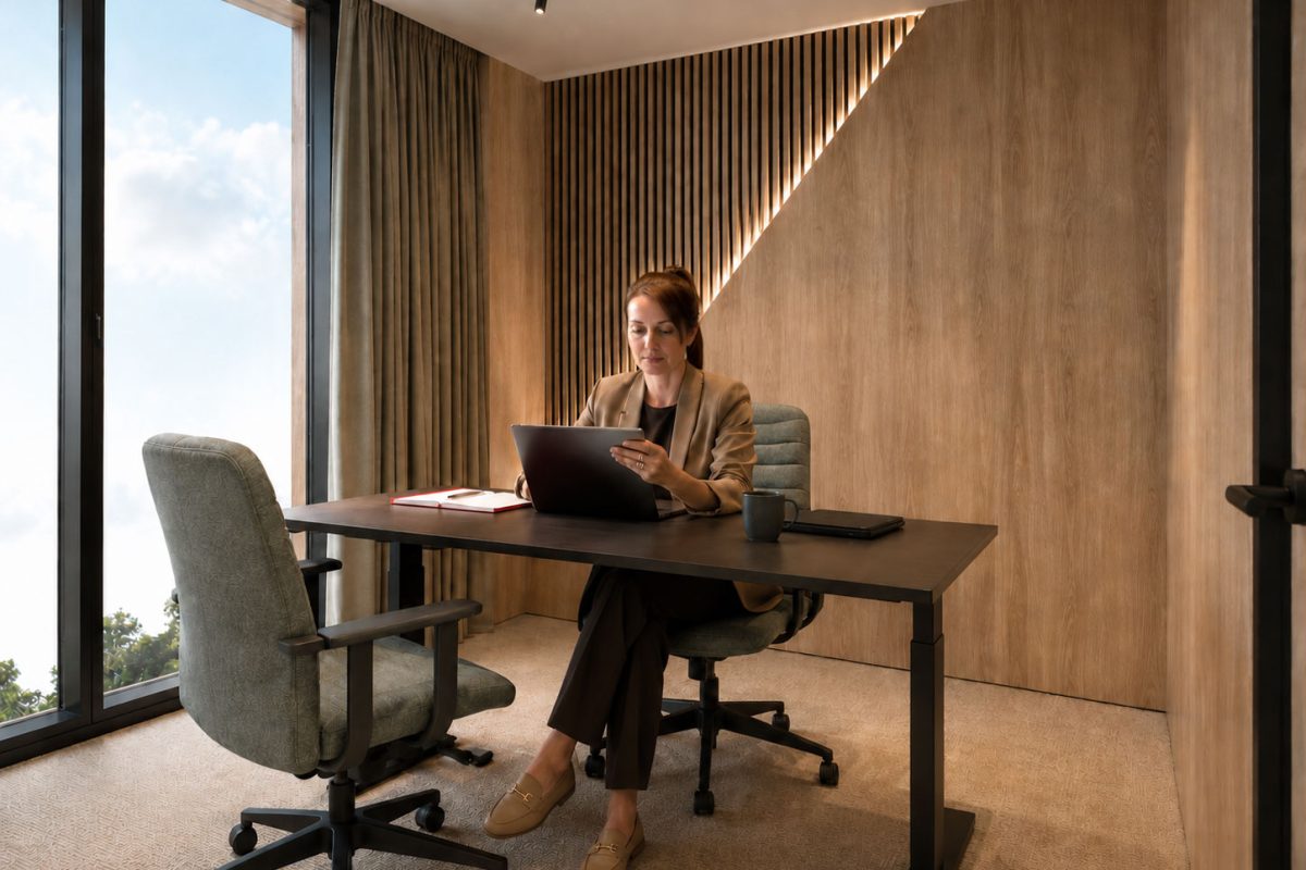 A professional woman in her forties sits at a modern office desk, holding a tablet while working on a laptop. She wears a camel blazer, dark trousers, and beige leather loafers. The minimalist office features warm wood paneling, a large floor-to-ceiling window, ergonomic chairs, and soft ambient lighting.