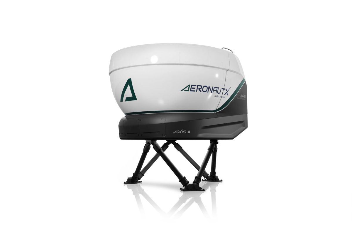 Compact full-flight simulator with a white enclosed cockpit mounted on a six-axis motion platform, designed for advanced pilot training and simulation.
