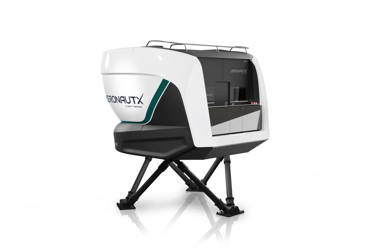 Model of an advanced full-flight simulator. The white simulator cabin with green AeronautX branding is mounted on a full-motion platform with hydraulic actuators.