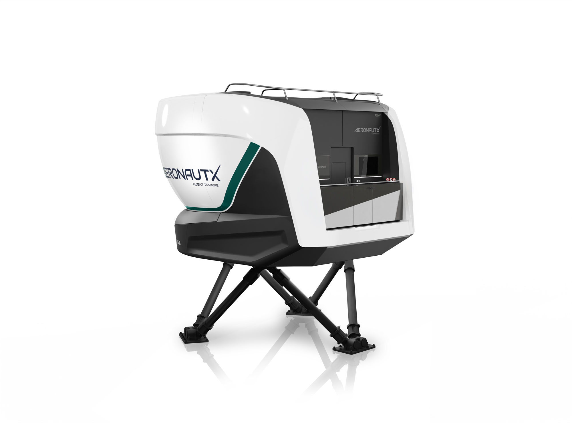 Model of an advanced full-flight simulator. The white simulator cabin with green AeronautX branding is mounted on a full-motion platform with hydraulic actuators.